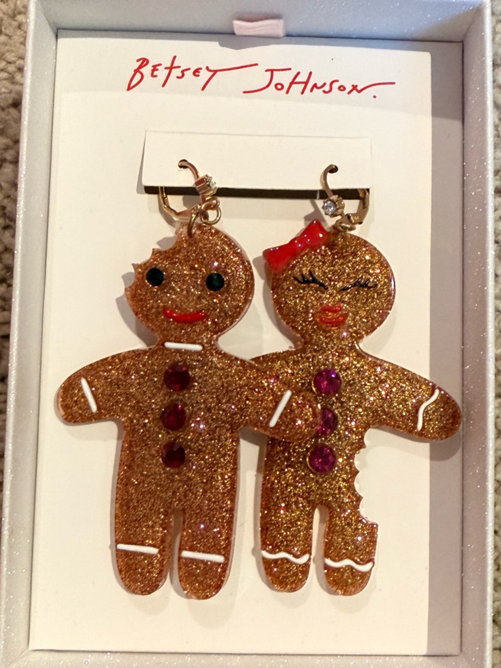 NIB Betsey Johnson Glitter Gingerbread Couple Holiday Earrings